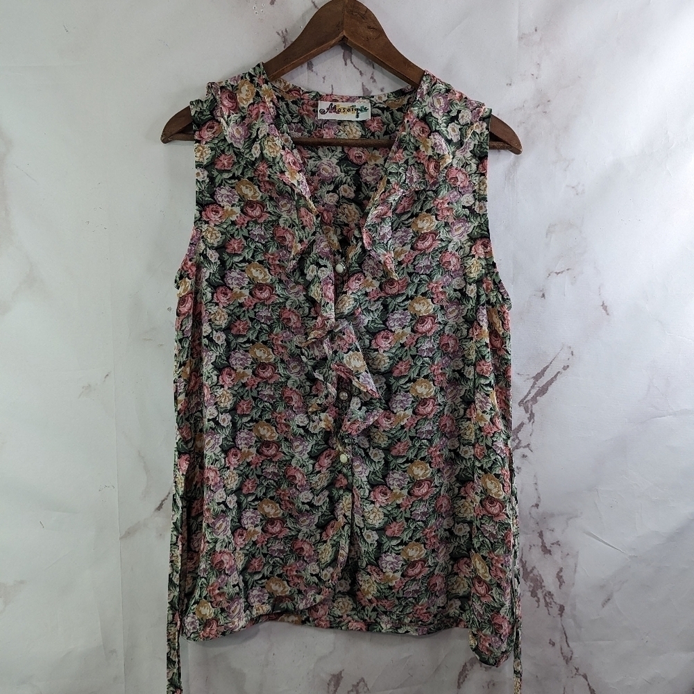 Vintage Tank Top Womens Medium Floral Blouse Shirt Denim Pearl Button 90s Tie
